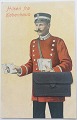 Farvelagt 
postkort: 
Postbud med 
tasken fyldt 
med 
københavnske 
motiver ca. 
1910. I højre 
hånd har ...