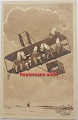 Postkort af 
Fritz Kraul: 
Nisser sidder 
på vingerne af 
flyvemaskine. 
Annulleret 
VILDBJERG I 
1911. ...