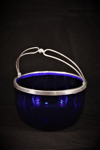 Old Candy bowl in blue glass with silver border and handle. Stamped 830S.