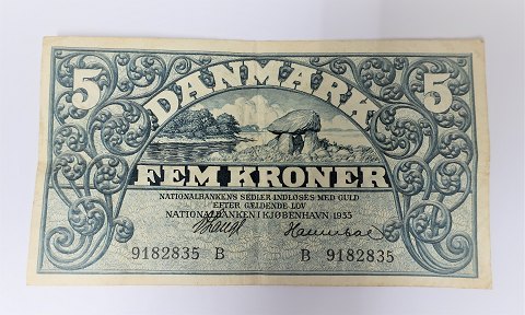 Danmark. Pengeseddel 5 kr. 1935 (B).  Kvalitet 1+