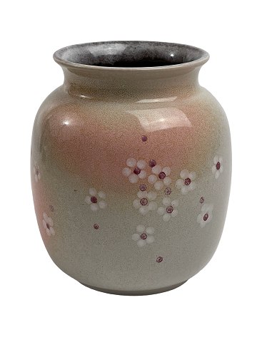 Beautiful ceramic vase with cherry blossoms, beige, pink from Strehla Keramik, then East Germany
