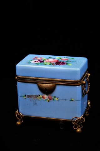 Antique sugar box in opaline glass painted in blue with fine floral motifs and 
bronze mounting...