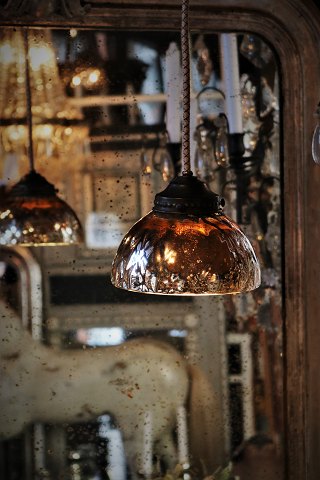 Old 1800s ceiling lamp with lampshade in waffled Mercury Glass...