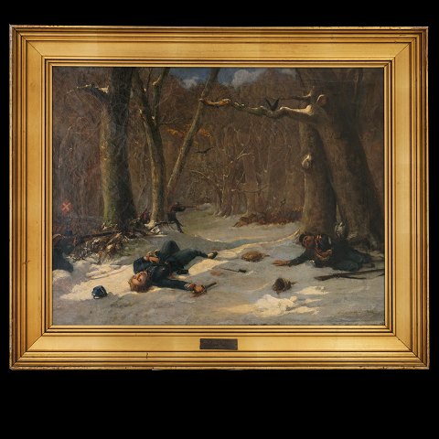 David Jacobsen, 1821-71, olie på lærred. "En 
Træfning i Skoven, Vinter". Signeret og dateret 
1864. Lysmål: 48x61cm. Med ramme: 62x75cm