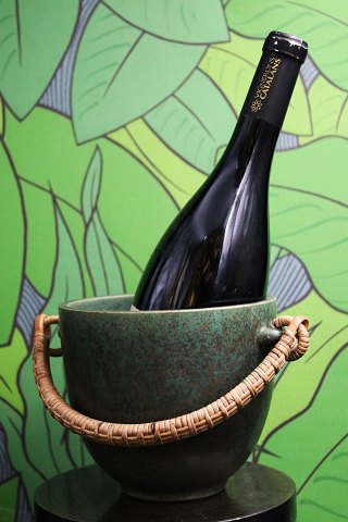 Arne Bang ceramic wine cooler with fine green glaze and braided bamboo handle...