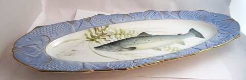 Royal Copenhagen. Angelgestell Nr. 19. Modell 3001. Ovale Fischgericht. Salmo 
salar. Länge 61 cm. Breite 25 cm. Hergestellt vor 1923. (1 Wahl)
