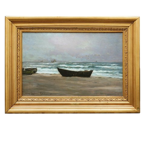 Carl Locher, 1851-1915, Öl auf Holz. Sturm am 
südöstlichen Strand Skagens 1886. Signiert und 
datiert 1886. Lichtmasse: 47x75cm. Mit Rahmen: 
71x99cm