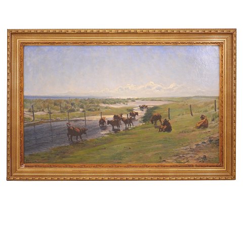 Gotfred Rode, 1862-1937, oil on canvas. Large 
landscape with cows. Signed. Visible size: 
85x140cm. With frame: 111x164cm