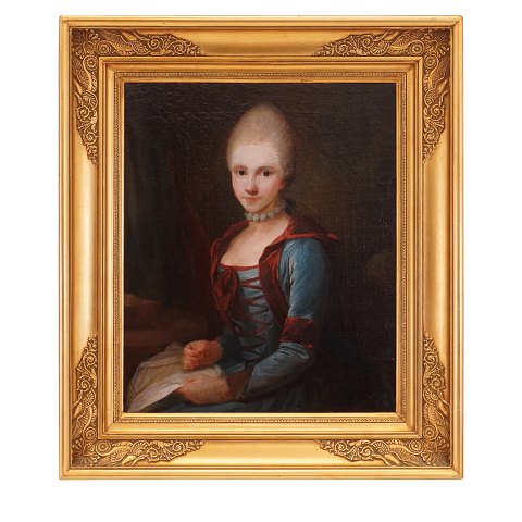 Jens Juel portræt. Jens Juel, 1745-1802, olie på 
lærred, dubleret. Portræt af ung pige siddende med 
sit sytøj. Malt ca. 1768. Ellen Poulsen nr. 71, 
afb. p. 47. Lysmål: 33x28cm. Med ramme: 46x41cm