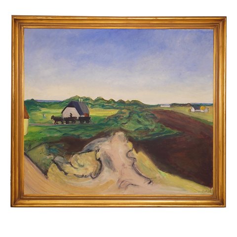 Jens Søndergaard, 1895-1957, oil on canvas. 
"Landscape" signed and dated 1952. Visible size: 
117x129cm. With frame: 135x147cm