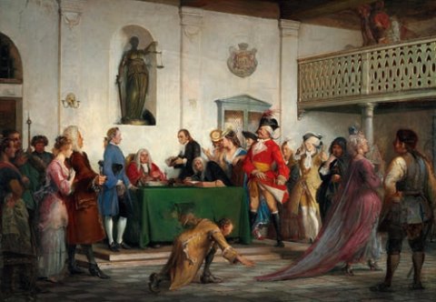 Wilhelm Marstrand – Scene fra Ludvig Holbergs “Det Lykkelige Skibbrud” – 
Usigneret – Olie på lærred – 95 x 135 cm
Flot stand
