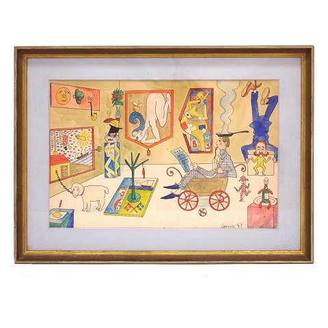 Storm P. akvarel. Robert Storm Petersen, 1882-1949, akvarel med temaet kunstudstilling. Signeret "Storm P." Lysmål: 30x47cm. Med ramme: 44x59cm