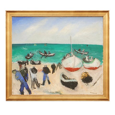 Jens Søndergaard, 1895-1957, oil on canvas. Motif with fishermen and -boats at the beach. Signed. Visible size: 86x99 cm. With frame: 98x111cm