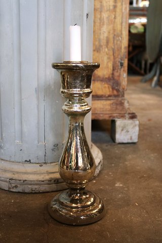 Large antique French mouth-blown 19th century candlestick in Mercury Glass.H: 33,5cm...