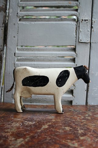 Decorative, old milking cow in carved wood with painting, leather ears / tail...