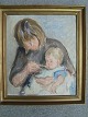 Hans Eriksen 
(1912-82):
Mor mader barn 
1969.
Olie på plade.
Sign.: HE 
(monogram)
Bagpå ...