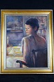 Oil painting on panel. Unsigned. Portrait of actress Catherine Zeta Jones.