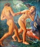 Dansk kunstner, 
20. årh.
En mand 
forfører en 
nøgen kvinde i 
skoven. Olie på 
plade.
Skitse. 65 ...