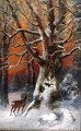 Engelsk 
kunstner (19. 
årh.): En hjort 
i en sneklædt 
skov med et 
egern. Olie på 
mahognipanel. 
42 ...
