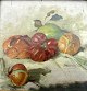 Fransk 
kunstner: 
Opstilling med 
brød, tomater, 
løg m.v. 19. 
årh. Olie på 
lærred/træ. 
Svært ...