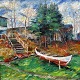 Nicolaisen, 
Peter (1894 - 
1989) Danmark: 
En optrukken 
båd ved en 
gård. olie på 
lærred. ...