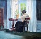 Jessen, Aage 
(1876 - 1961) 
Danmark: Interiør 
med ung 
kvinde ved 
vindue. 
Signeret Aage 
Jessen. ...