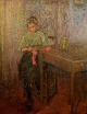 Fritz von Uhde 
(1848-1911) 
stil ca. 1900: 
Interiør med en 
strikkende 
pige. 
Olie på lærred 
...