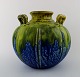 Gilbert Metenier, French Ceramist. Art Deco vase with handles in blue and green 
glaze. 1920-30s.