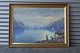 Maleri 
Grønlandsmotiv 
med 
Grøndlændere 
der venter på 
sejlskib ved 
fjord
Signeret af 
Evelyn ...