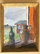 Knud Aage 
Borchsenius 
(1921-2005):
Opstilling i 
vindueskarm med 
kande, flaske 
og æble.
Olie på ...