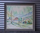 Maleri. Åge 
Wedel Storm 
(1920-1996). 
Maleri i 
pastelfarver, 
der er hus i 
forgrunden og 
bjerge ...