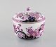 Antique Meissen lidded bowl in hand-painted porcelain. Purple flowers and gold 
decoration. Museum quality, ca. 1740.
