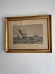 Carl Locher, radering af fiskerbåde på havet, signeret i trykket, 1907 med smuk, gammel, patineret guldramme
