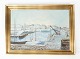 Maleri på 
lærred med 
havne motiv og 
forgyldt ramme, 
signeret V.B. 
fra 1940erne.
45 x 67 cm.