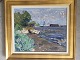 Børge 
Bokkenheuser 
(1910-76):
Kystparti med 
båd på strand.
Olie på 
lærred.
Sign.: ...
