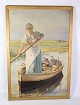 Oliemaleri på lærredet med motiv af dame i båd fra omkring 1930’erneMål i cm: H:132 B:89Flot ...