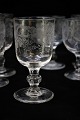 Old French mouth-blown wine glasses with a cut motif of ducks and flowers. Height: approx. 13cm. ...