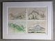 Ubekendt kunstner (20 årh):4 bjerglandskaber i samme ramme.Oliekridt på papir.Indrammet i ...