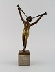 Art deco bronzeskulptur på marmorbase. lurblæsende nøgen kvinde. 1920/30'erne.Måler: 30 x 15 ...
