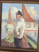 Søren Christian Bjulf (1890-1958):Ung fisker i havn.Olie på lærred.Sign.: Bjulf39x32 (46x40)