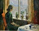 Meyer, Jacob (1895 - 1971) Danmark: En kvinde ved et vindue. Olie på lærred. Signeret 1946. 37 x ...