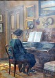 Eriksen, Hans (1864 - ) Danmark: Interiør med klaverspillende kvinde. Olie på lærred. Signeret. ...