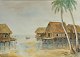 Ubekendt kunstner (20. årh. ): Huse ved vandet. Akvarel. Signeret: C. Willson. 28 x 38 ...