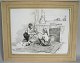Fransk kunstner (19. årh): To piger leger med en dukke. Laveret tusch/pen. 38 x 46 cm. I ...