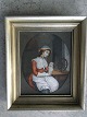 Ubekendt kunstner (19 årh):Kvinde ved rok, der læser et brev,Gouache på ...