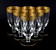 Rimpler Kristall, Zwiesel, Germany, six hand blown crystal drinking glasses with gold rim decorated with grapes and vine leaves.