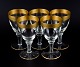 Rimpler Kristall, Zwiesel, Germany, five hand blown crystal white wine glasses with gold rim decorated with grapes and vine leaves.