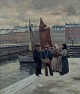 Søren Christian Bjulf (1890-1958), Danmark. Fiskekoner i samtale med fiskere på 
Gammel Strand i København.