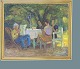 Ubekendt kunstner.Oliemaleri i guldramme. Motiv sommer med familie i have. Mål: 60 x 70,5 cm.