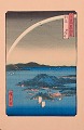 Ando Hiroshige, japansk træsnit på japanpapir. Tsushima Kaigan Yubare. Landskab med både på ...